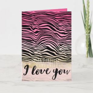 Girly Pink Gold Ombre Watercolor Black Zebra Love Card