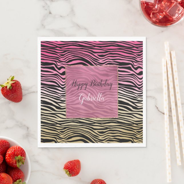 Girly Pink Gold Ombre Watercolor Black Zebra Print Napkin (Insitu)