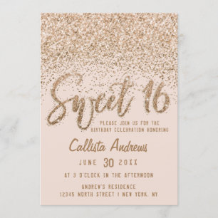 Girly Pink Gold Scattered Glitter Ombre Sweet 16 Invitation