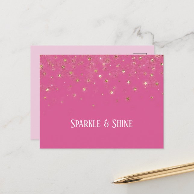 Girly Pink Gold Sparkle Confetti Postcard (Front/Back In Situ)