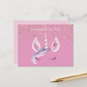 Girly Pink Gold Sparkle Confetti Unicorn Face Postcard