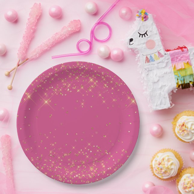 Girly Pink Gold Sparkles Confetti Glitter Paper Plate (Party)
