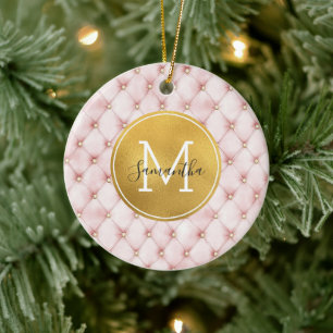 Girly Pink Gold Watercolor Confetti Monogram Ceramic Tree Decoration