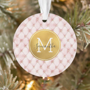 Girly Pink Gold Watercolor Confetti Monogram Ornament