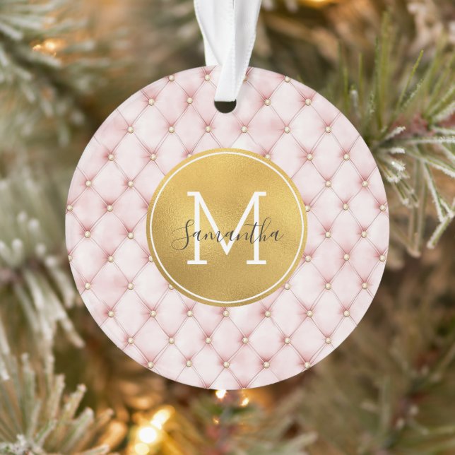 Girly Pink Gold Watercolor Confetti Monogram Ornament (Tree)
