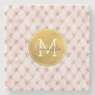 Girly Pink Gold Watercolor Confetti Monogram Stone Coaster