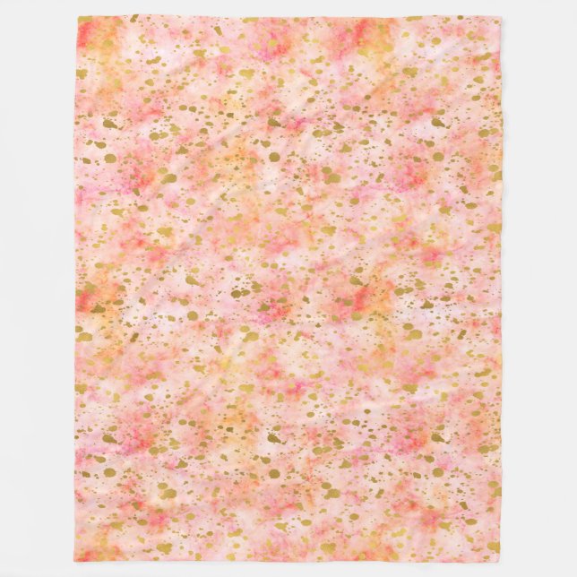 Girly Pink Gold Watercolor Confetti Splatters Fleece Blanket (Front)