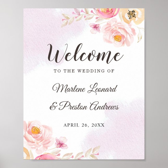 Girly Pink & Gold Watercolor Floral Wedding Sign (Front)