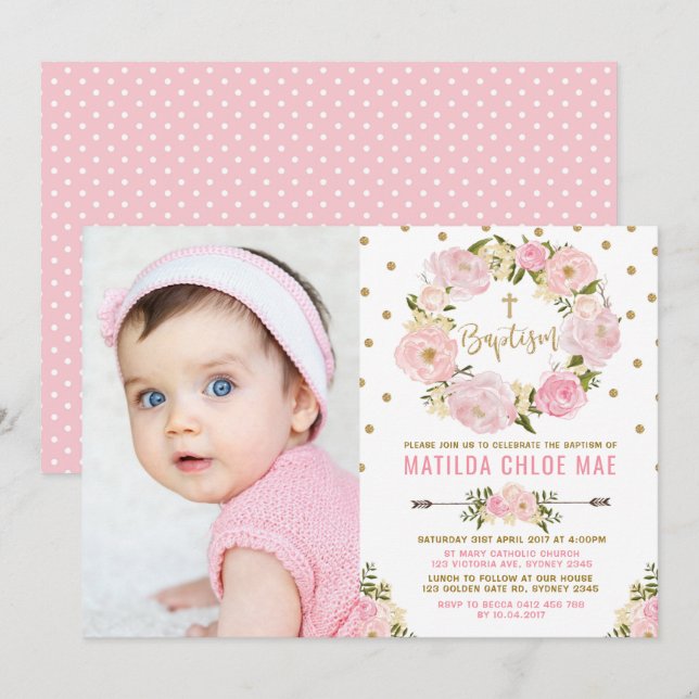 Girly Pink Gold Watercolor Floral Wreath Baptism Invitation (Front/Back)