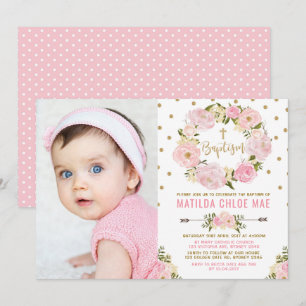 Girly Pink Gold Watercolor Floral Wreath Baptism Invitation