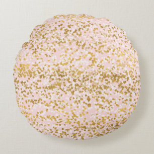 Girly Pink Gold White Confetti Round Cushion