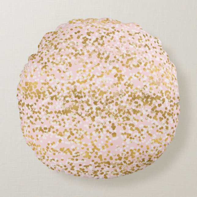 Girly Pink Gold White Confetti Round Cushion (Front)
