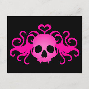 Girly pink goth fanged vampire skull on black postcard
