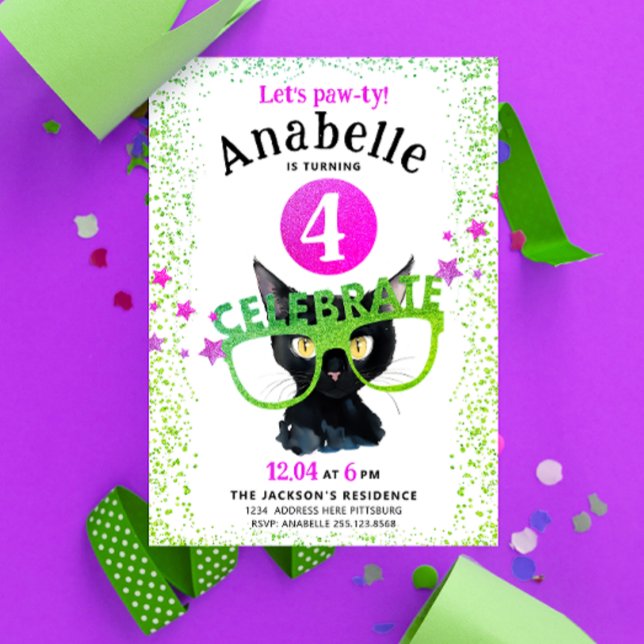 Girly Pink Green Black Cat Paw Glitter Watercolor  Invitation (Creator Uploaded)