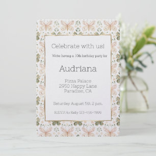 Girly Pink Green Butterflies Birthday Invitation