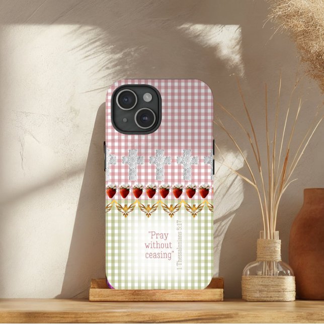 Girly Pink Green Check Cross Strawberry Dove Faith Case-Mate iPhone Case (Creator Uploaded)