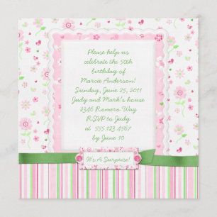 Girly Pink Green Flowers Hearts Birthday Invitation