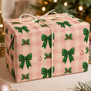 Girly Pink Green Gingham Christmas Bow Pattern Wrapping Paper