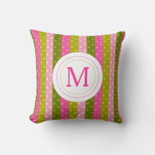 Girly Pink & Green Polka Dot Stripes  Monogram Cushion