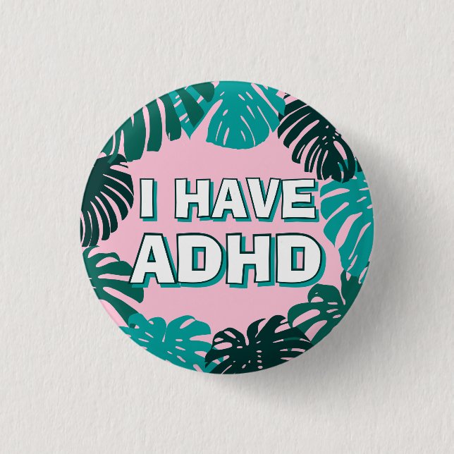 Girly Pink Green Tropical Palm Leaves ADHD  3 Cm Round Badge (Front)