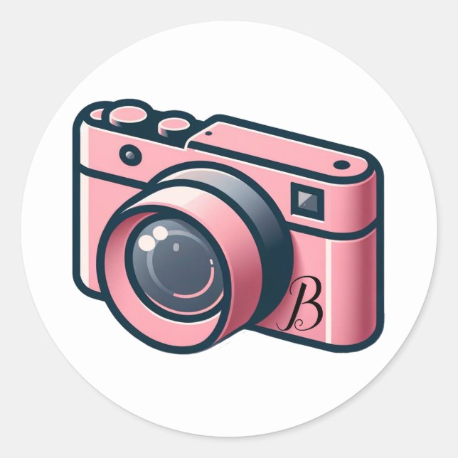 Girly Pink & Grey Camera Photography Personalised Classic Round Sticker (Front)