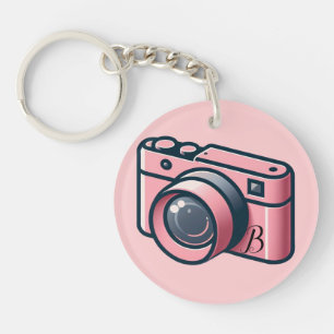 Girly Pink & Grey Camera Photography Personalised Key Ring