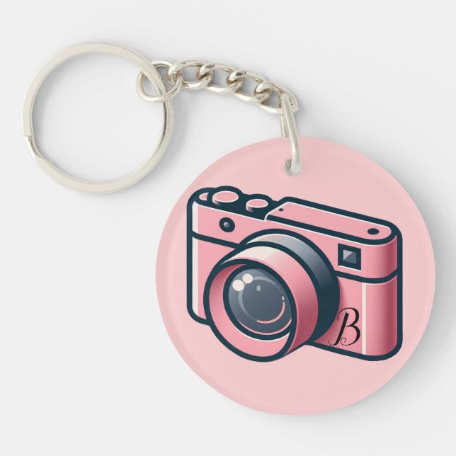 Girly Pink & Grey Camera Photography Personalised Key Ring (Front)