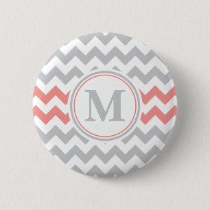 Girly Pink Grey Chevron Pattern with Monogram 6 Cm Round Badge