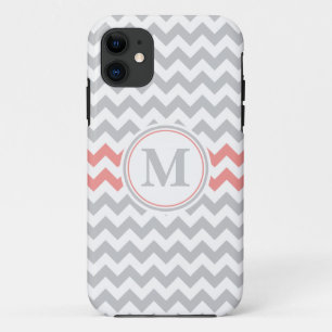Girly Pink Grey Chevron Pattern with Monogram iPhone 11 Case