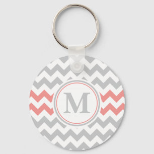 Girly Pink Grey Chevron Pattern with Monogram Key Ring