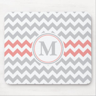 Girly Pink Grey Chevron Pattern with Monogram Mouse Mat