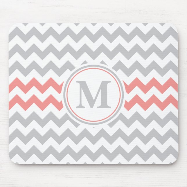 Girly Pink Grey Chevron Pattern with Monogram Mouse Mat (Front)