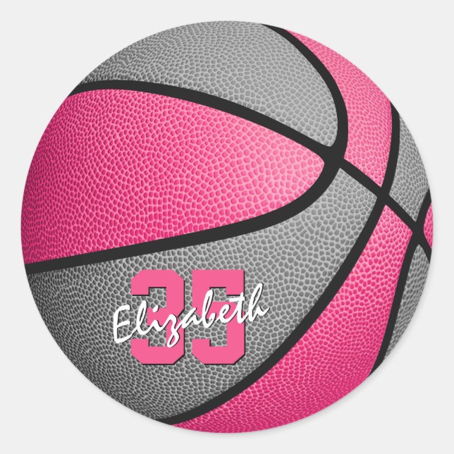 girly pink grey personalised basketball classic round sticker (Front)