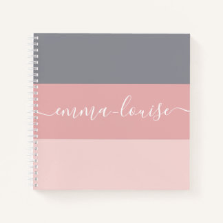 Girly Pink Grey Stripe Hand Lettered Name Notebook
