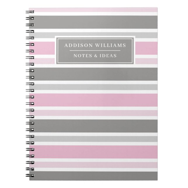 Girly Pink Grey Stripe Pattern Name Custom Notebook (Front)