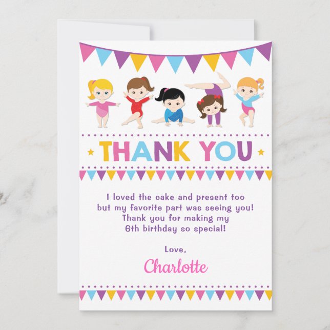 Girly Pink Gymnastics Birthday Gym Party Thank You Card (Front)