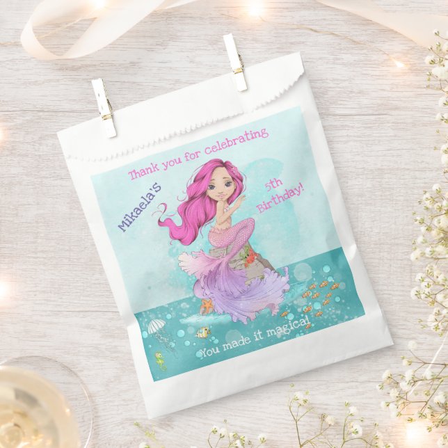 Girly Pink Hair Mermaid Birthday Thank You Favour Bags (Clipped)
