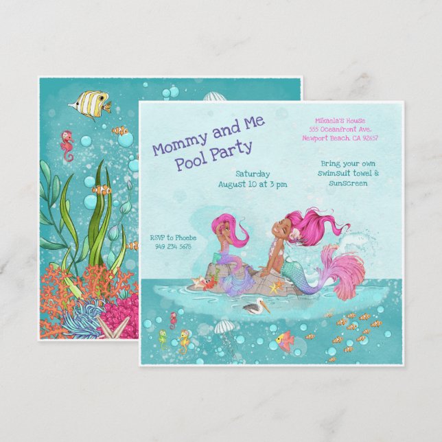 Girly Pink Hair Mermaid Mummy & Me Pool Party Invitation (Front/Back)