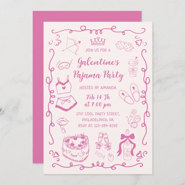 Girly Pink Hand Drawn Galentine's Pajama Party Invitation (Front/Back)