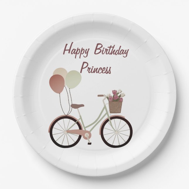 Girly Pink Happy Birthday Princess Bike Balloons  Paper Plate (Front)