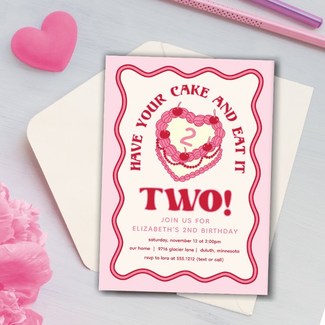 Girly Pink Have Your Cake and Eat it Two Birthday  Invitation (Have Your Cake and Eat it Two Birthday Invitation)