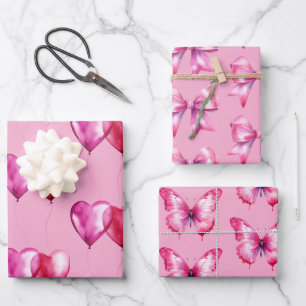 Girly Pink Heart Balloons Birthday Wrapping Paper Sheet