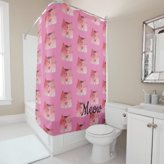 Girly Pink Heart Cats  Shower Curtain (In Situ)