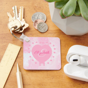 Girly Pink Heart Monogram Initial Watercolor Key Ring