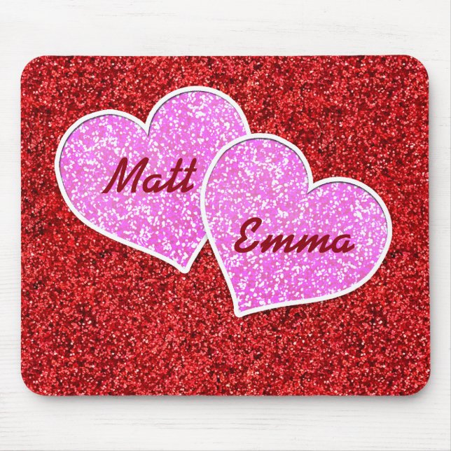 GIRLY PINK HEART RED GLITTER MOUSE MAT (Front)