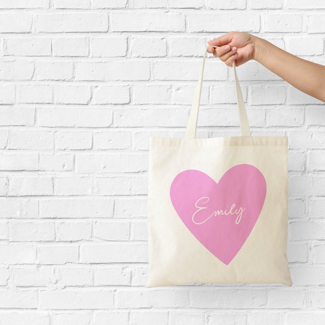 Girly Pink Heart Tote with Name (Creator Uploaded)