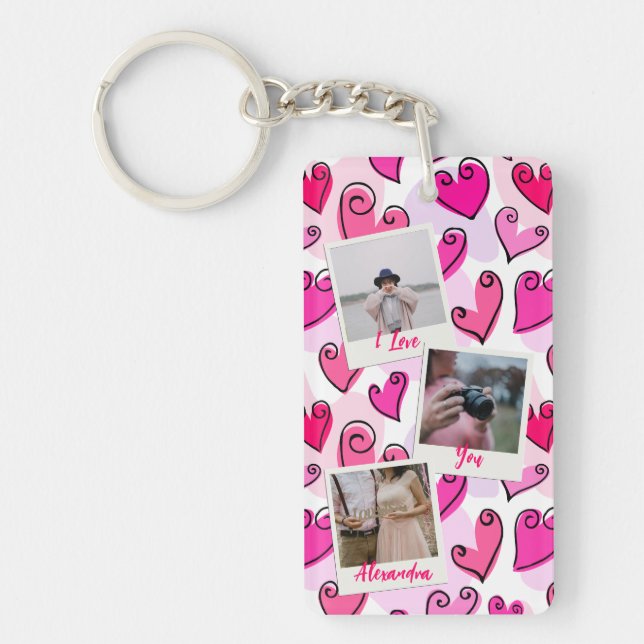 Girly Pink Hearts Cute Romantic Valentine Photo Key Ring (Front)