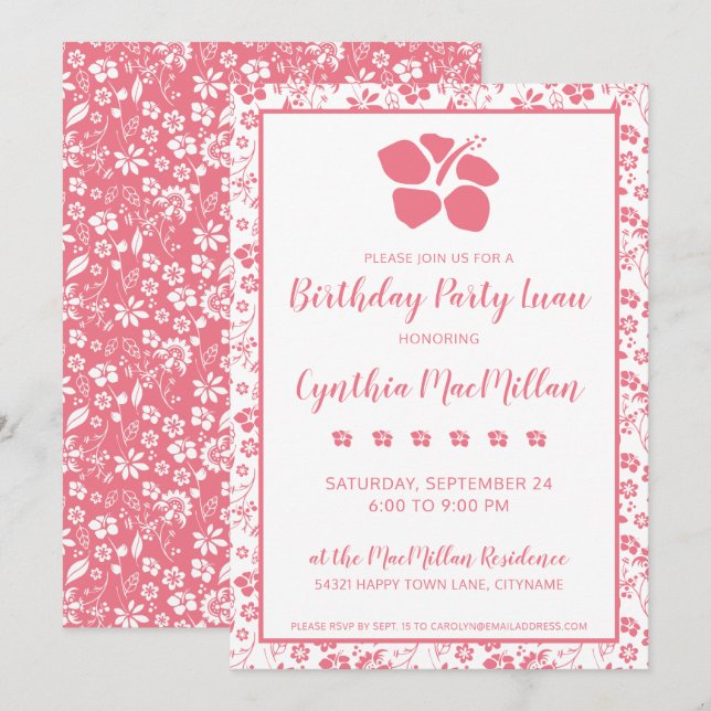 Girly Pink Hibiscus Tropical Flowers Birthday Invitation (Front/Back)