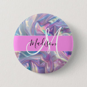 Girly Pink Holographic Iridescent Monogram Name 6 Cm Round Badge