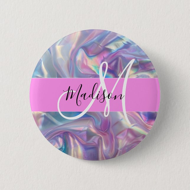 Girly Pink Holographic Iridescent Monogram Name 6 Cm Round Badge (Front)